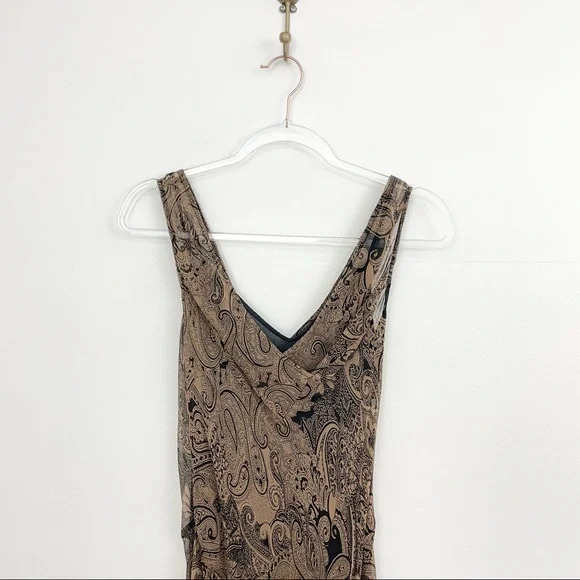 Vintage 90s Brown and Black Paisley Silk Handkerchief Midi Dress - Picture 3 of 5
